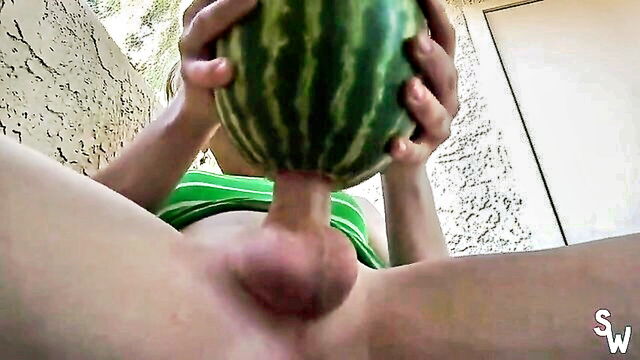 outdoors, solo, shemales - transsexual girl fucks watermelon