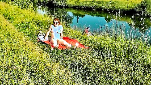 platinum haired mature beauty sunbathing in the nude by the river observed by a chance fisherman : FapHouse