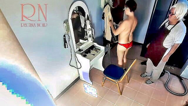 a plump barber tends to a customers hair the lady is requested to disrobe for the haircut resulting in a voyeuristic camera capture of the nude environment : FapHouse