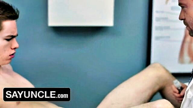 a young man explores gay anal intercourse and ejaculates during a perverse doctors examination : Say Uncle