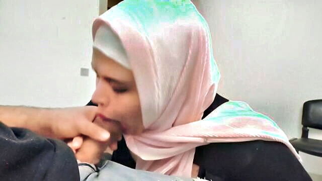 anal, hardcore, creampie - petite muslim girl discovers man masturbation in public waiting area reacting with surprise