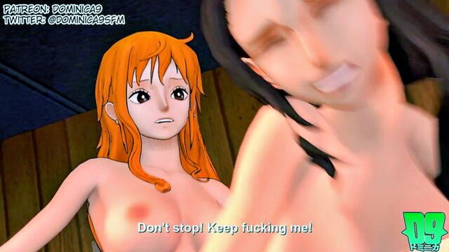 one piece, redhead, bikini - nami fucks robin with huge futa cock