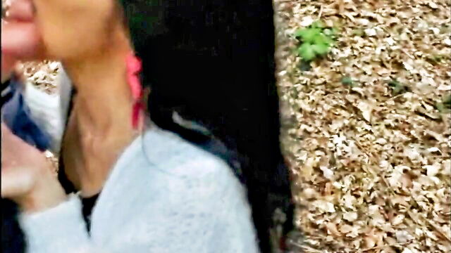 public nudity, mature, wife - mature woman swallows outdoor cock