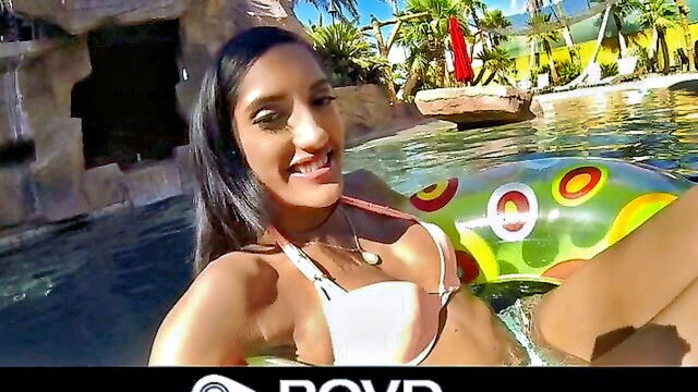tight nipples, hot brunette, pink nipples - bikini slut blowjob from above