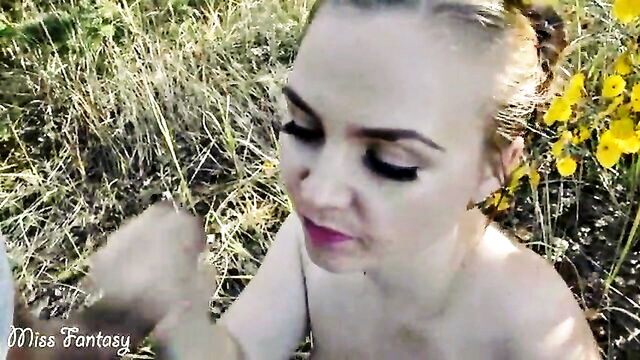 cumshot, teen, babe - teen babe outdoor blowjob