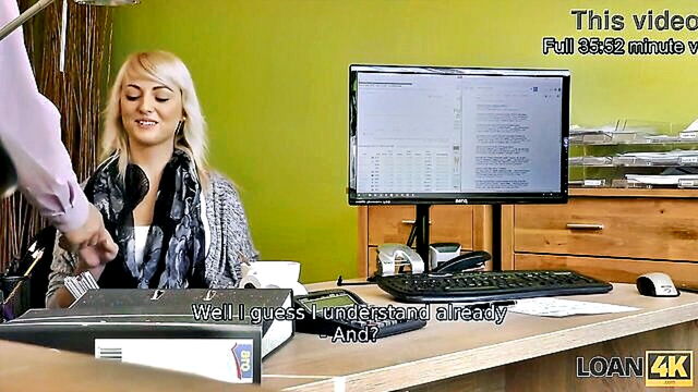 a busty blonde gets pounded on a desk in this loan4k video : porter40