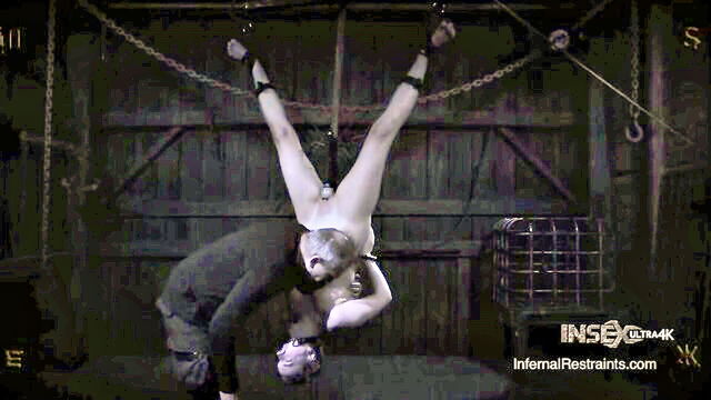 small tits, gags, bondage frame - restrained erotic with tattoos
