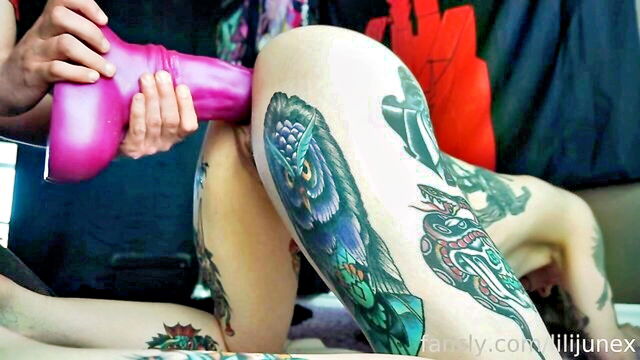 brunette, pov porn, masturbation - massive dildo fisting with tattooed teen
