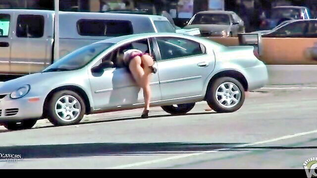skirt, short, bombshell - nude raven haired beauty in car