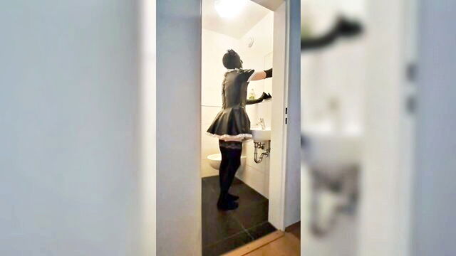 bdsm, german, fetish - sissy maid caged cleaning