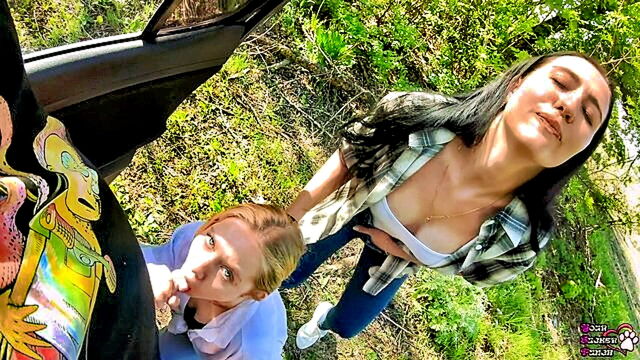 cfnm, cfnm blowjob, amateur threesome - threesome turns to pantyhose in pov and facial for lost traveler