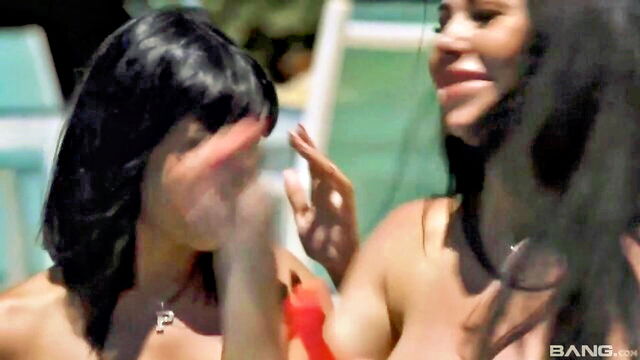 threesome, milf, lesbian - poolside lesbian sex
