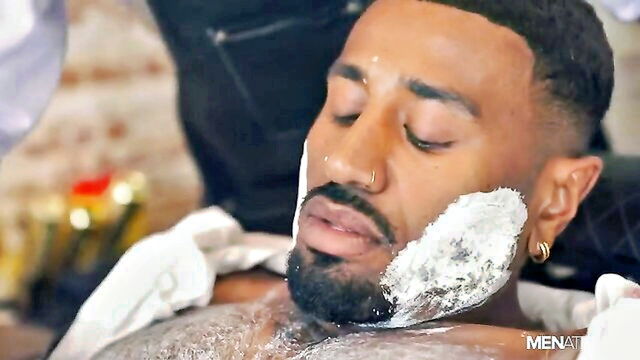 big cocks, bareback, black - barber handjob threesome image