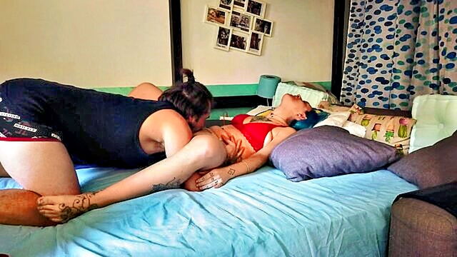 blowjob, blue hair, bluejude - petite blondes new years celebration with handjob