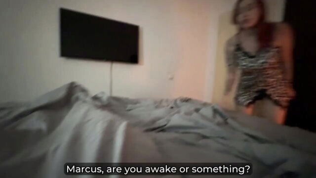 tattoos, milf, blowjob - step mama shares hotel couch