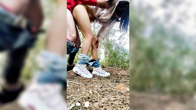 girl gets cum on pussy in woods