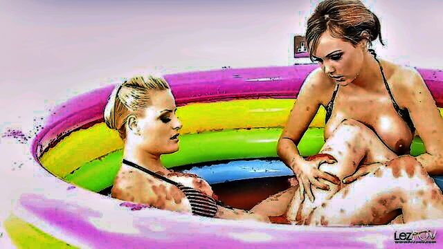 cute teen tits, fingers in pussies, bouncing tits in bikini - jello play at the pool