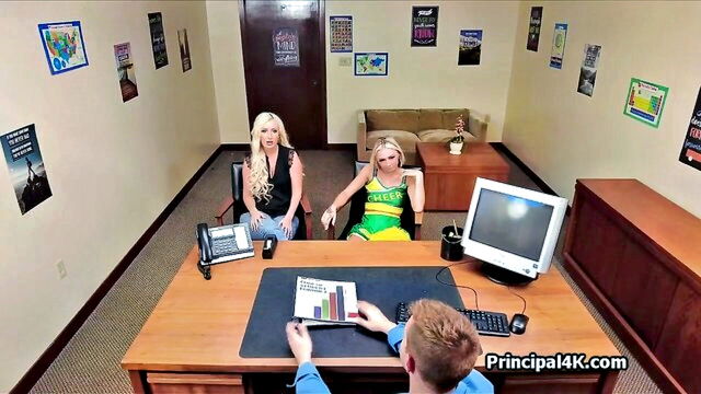 office, blondes, threesome - hardcore sex with cheerleader and soccer mom