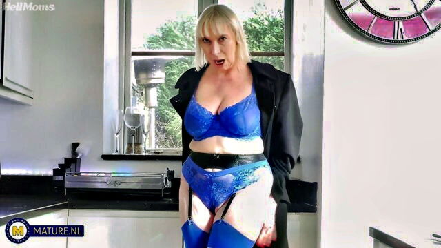 mature, kitchen, solo girl - blonde dildo kitchen action