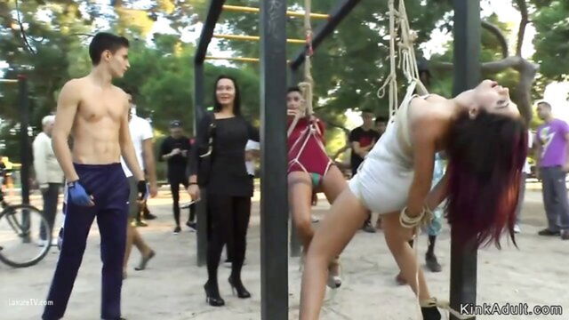 kink adult, bondage, public nudity - lesbian gym torment