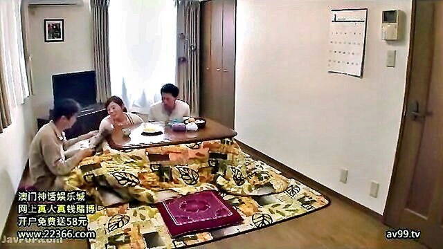 creampie, big ass, blowjob - japanese mom and sons naughty under the table encounter