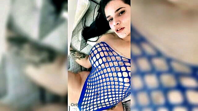 latina, big tits, big ass - sexy latina babe in blue fishnet outfit reveals her booty