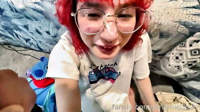 shemale, blowjob, cumshot - redhead glasses femboy banged