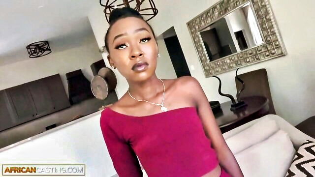 casting, natural tits, african - afro girl gets her pussy stretched