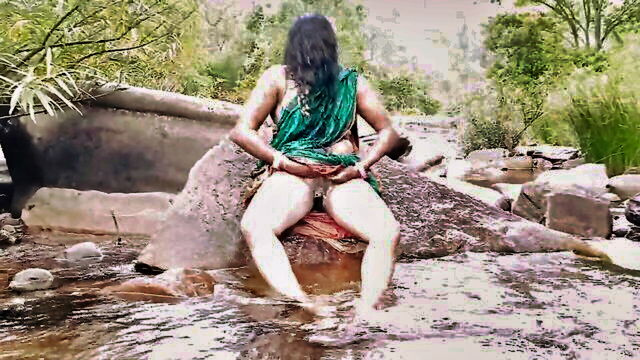 telugu silk aunty outdoor bathing