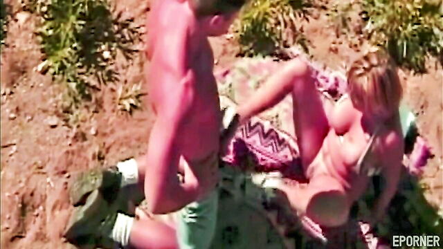 blowjob, blonde, outdoor - selective focus selena