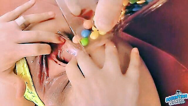 gape, gaping, milf - older woman uses chocolate as a sexual aid to pleasure herself