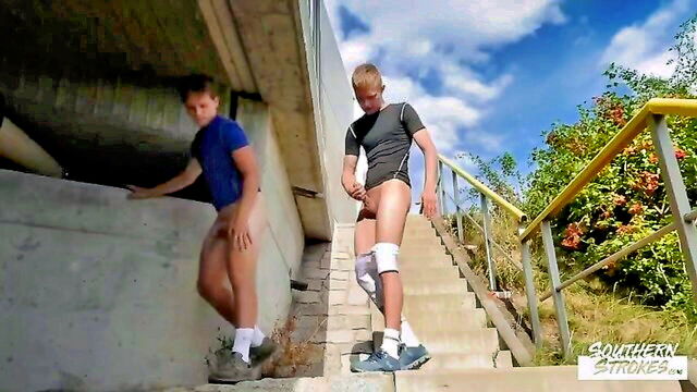 public outside, bareback, blond boys - lycra boys outdoor sex