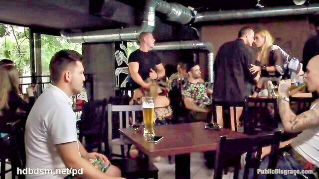 blonde, anal, blowjob - public flogging for two stunning babes