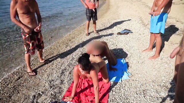 beach, gangbang, public - Public cum shot butthole creampie