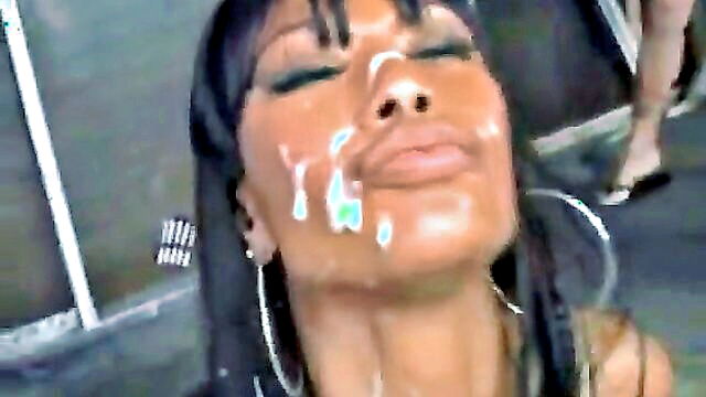 cumshot, blowjob, black - interracial group sex with a black woman receiving cum on her face